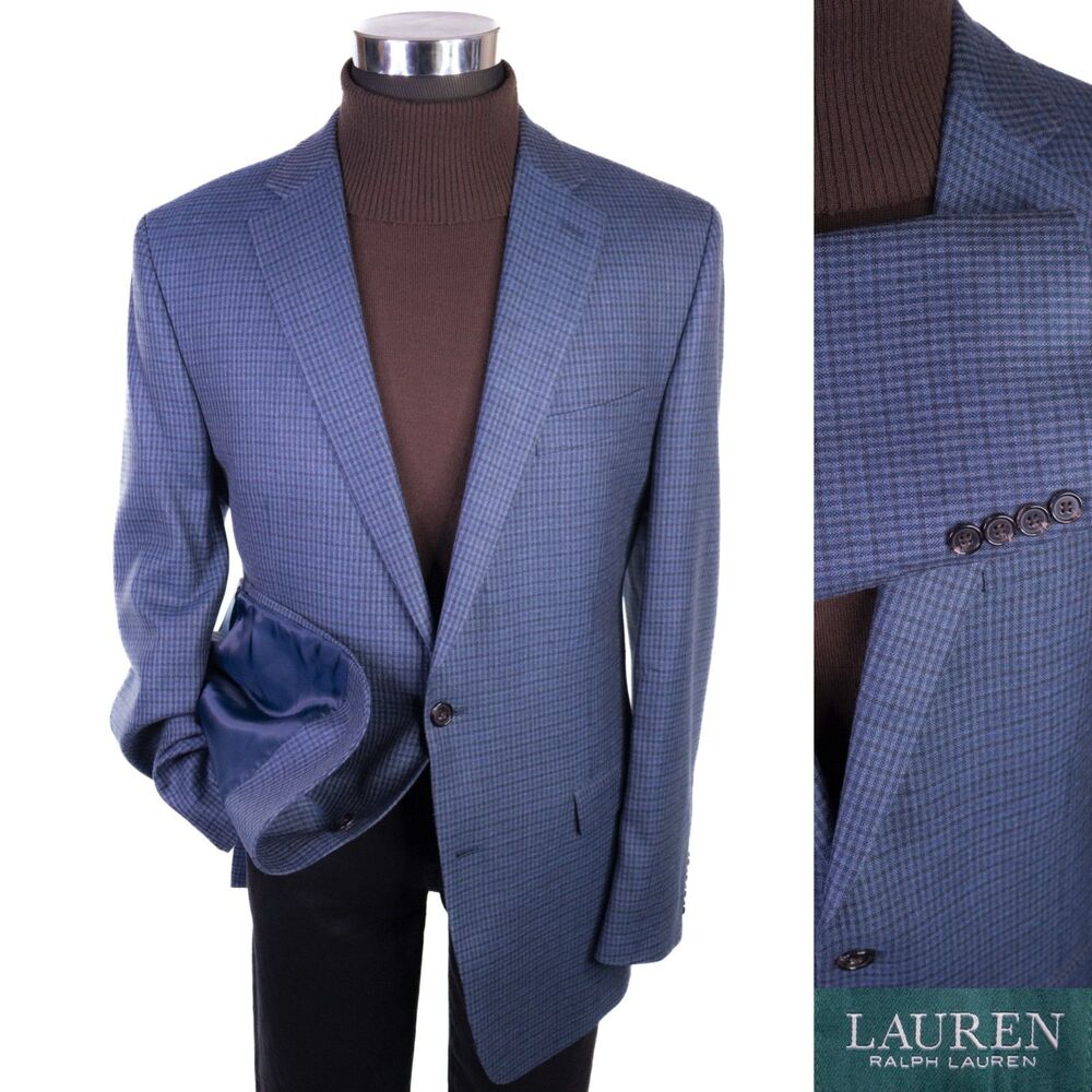 Ralph Lauren Sport Coat Blazer Two Button Sz 42L Wool/Silk Check Blue Jacket EUC